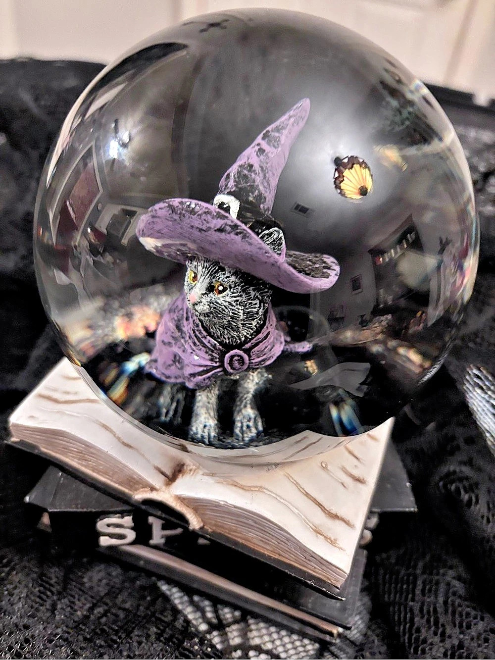 Witch Black Cat Crystal Snow globe Stacking Books Halloween Decor Glitter Globe